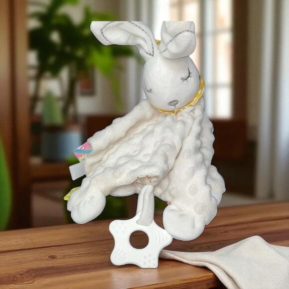 Appease Lovey Bunny Rabbit Security Blanket Baby Plush Tabs Rattle Embroider 10" - Picture 5 of 15